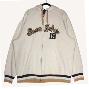 Sean John Southpole Style Hoodie Mens 2XL Beige Black Trimmed Oversized Baggy‎